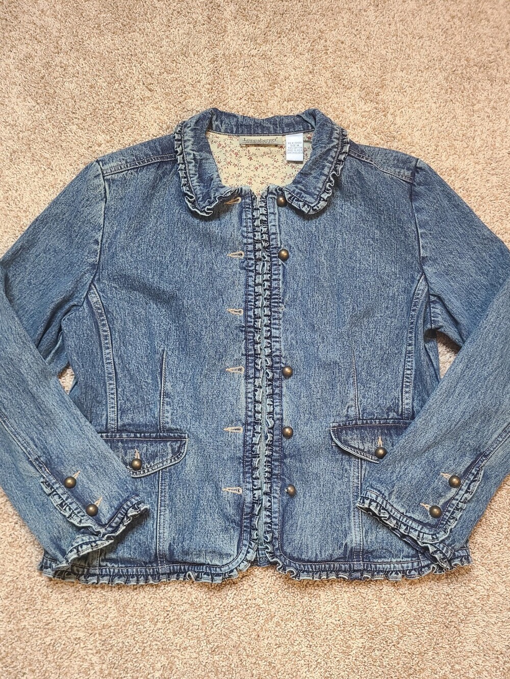 Longaberger Homestead Denim Jacket With Ruffle Trim Embroidered Logo